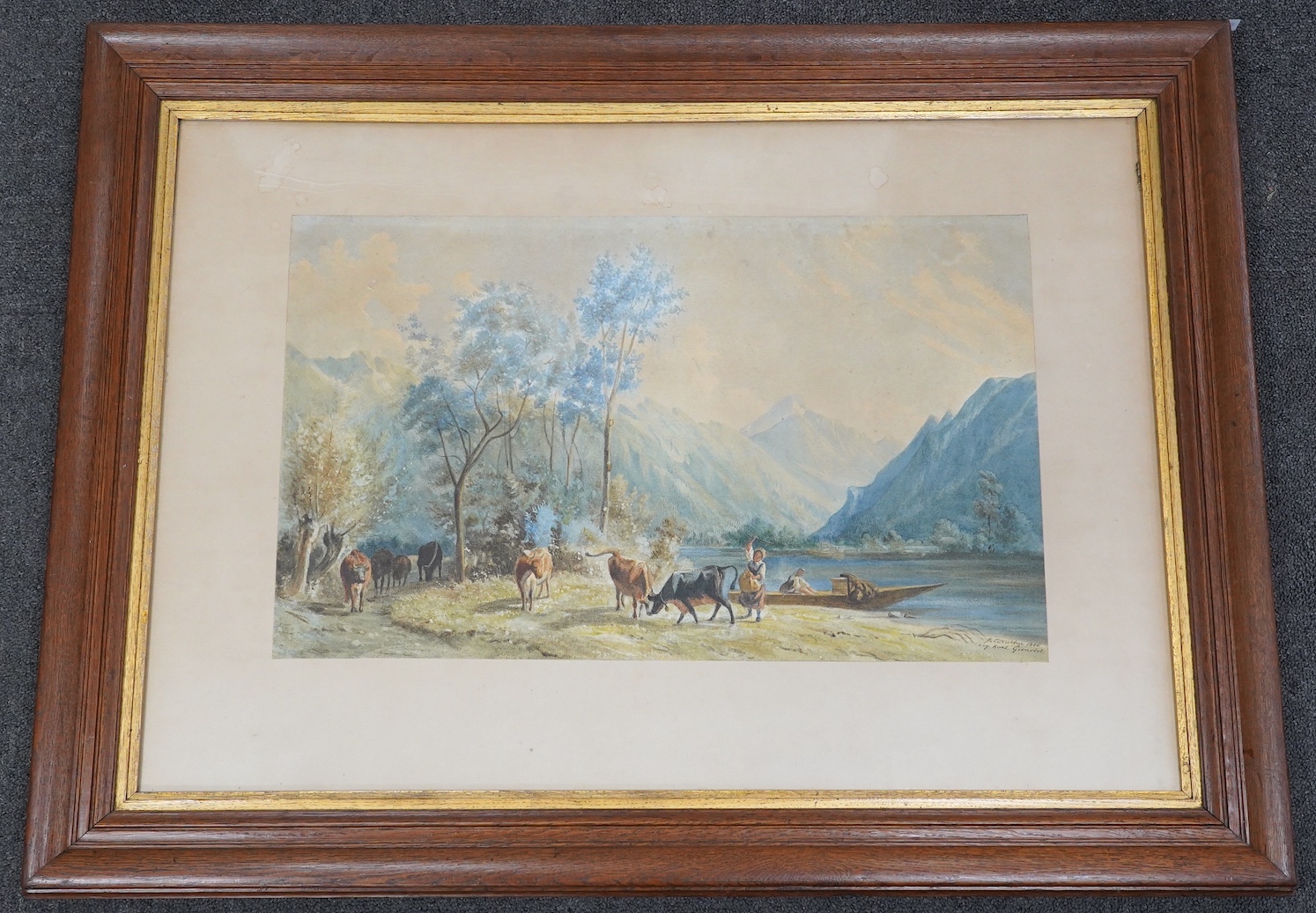 Karl Girardet (1813-1871), watercolour, Swiss mountainous landscape, signed and dated 1866, 34 x 56cm. Condition - fair, discolouration to the paper throughout